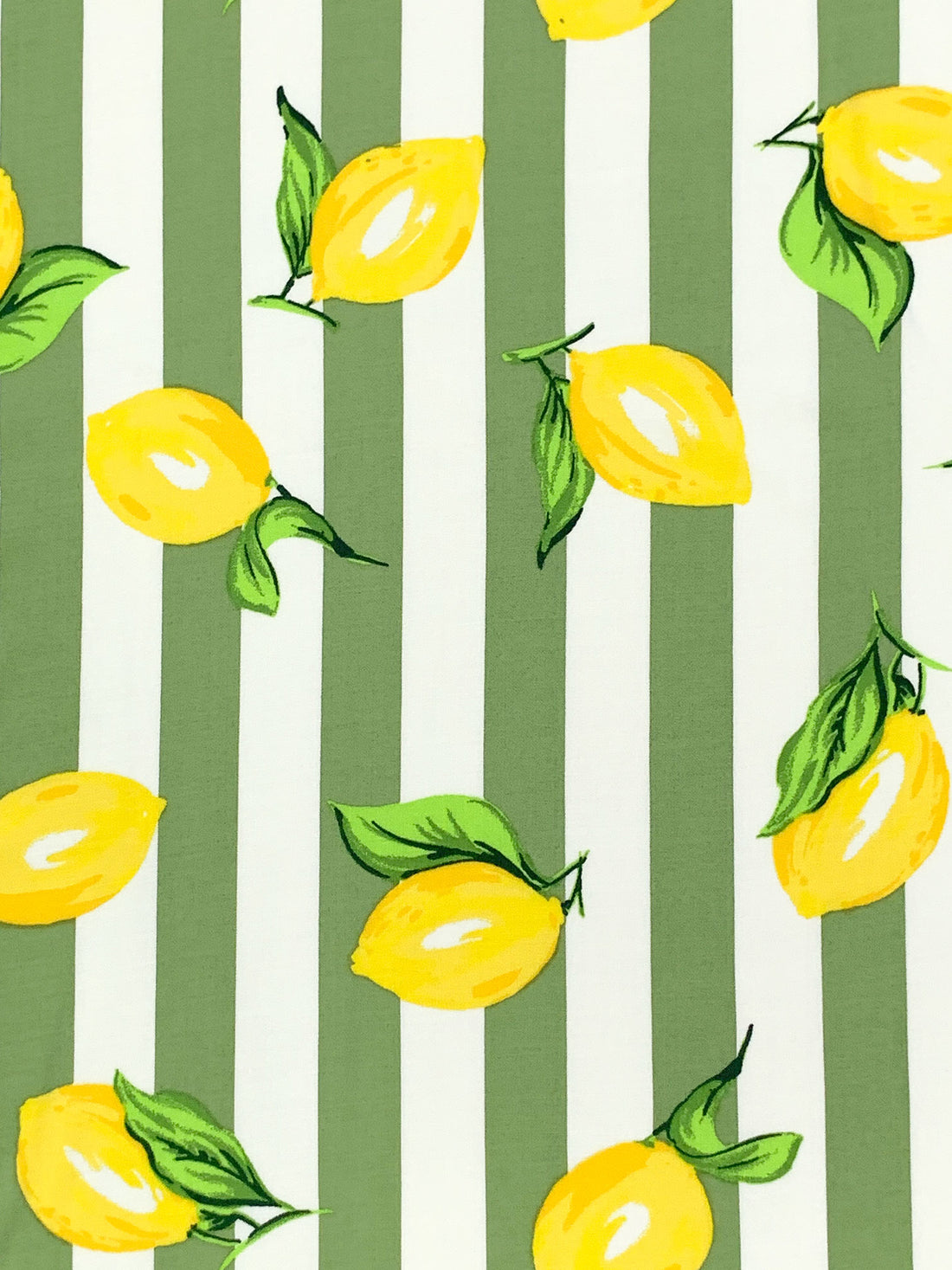 Bright Yellow/Moss Green/White/Multi 100% Rayon Lemons Over Vertical Stripe Print Challis - NY Designer - 54W