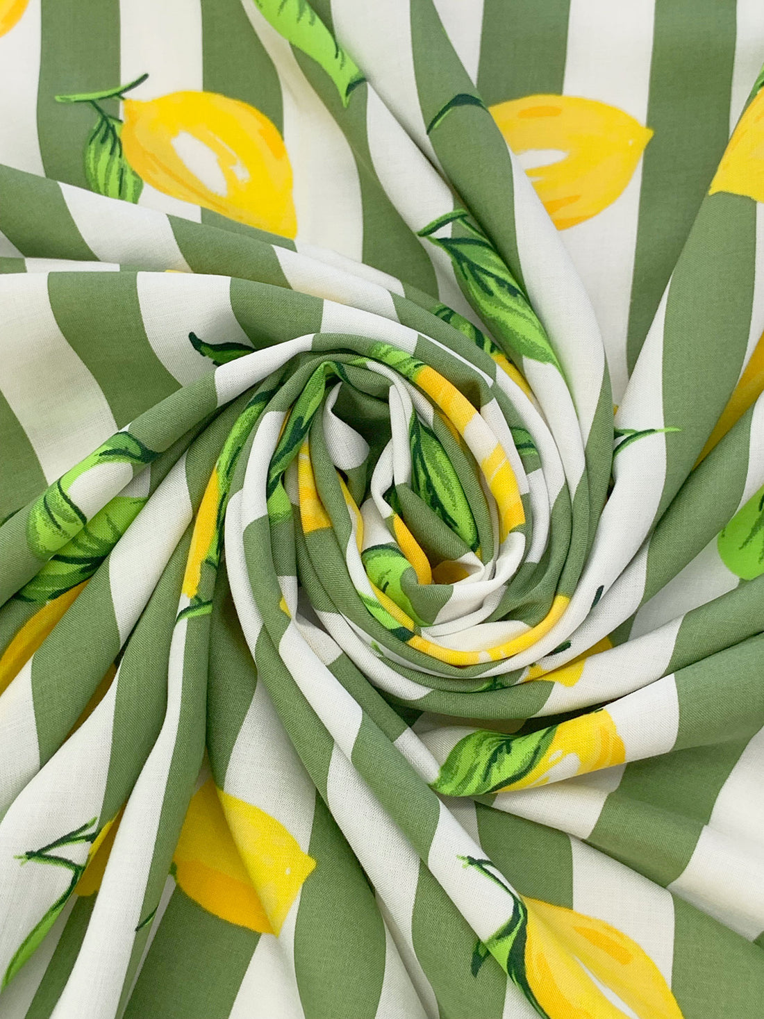 Bright Yellow/Moss Green/White/Multi 100% Rayon Lemons Over Vertical Stripe Print Challis - NY Designer - 54W