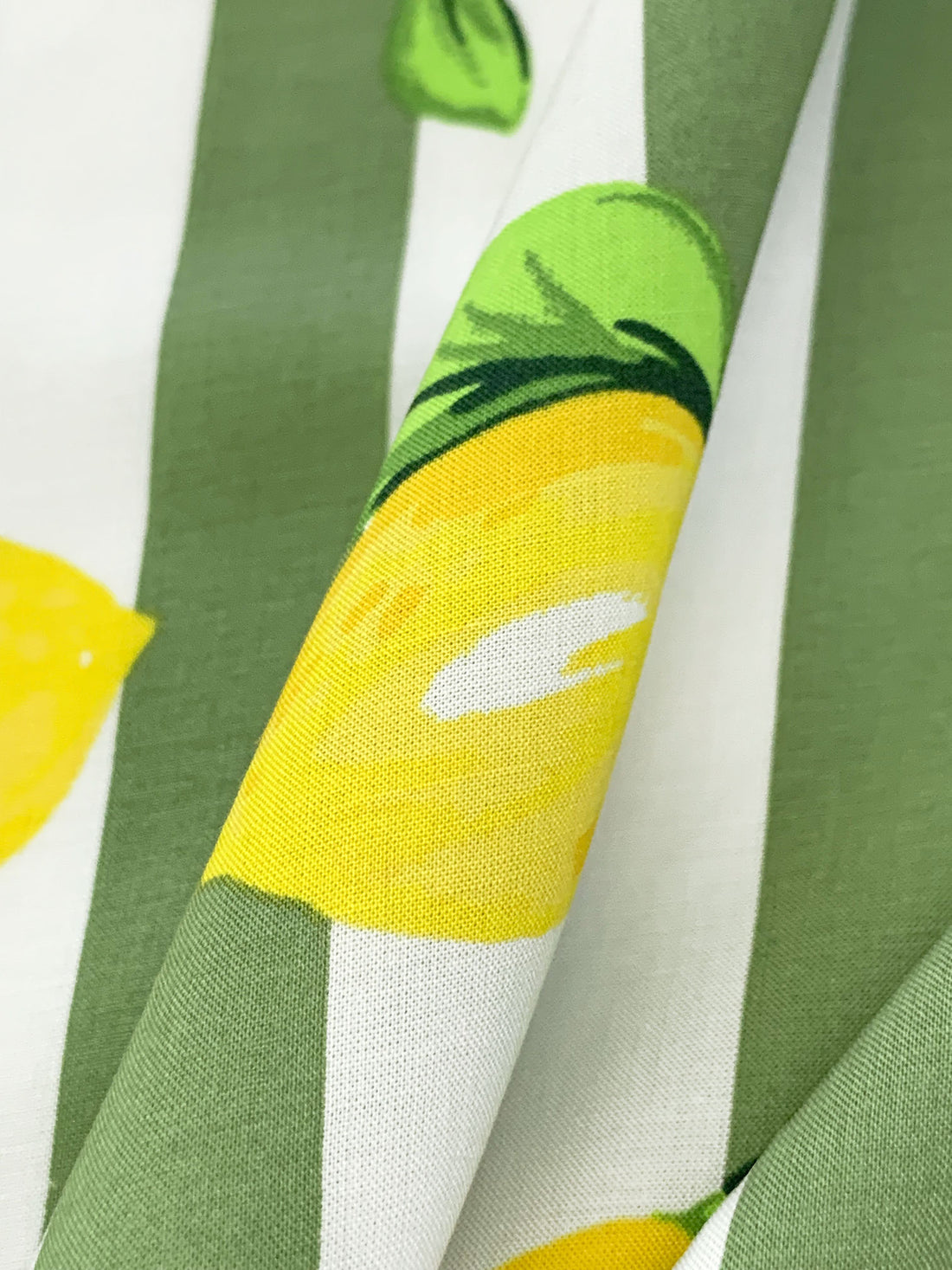 Bright Yellow/Moss Green/White/Multi 100% Rayon Lemons Over Vertical Stripe Print Challis - NY Designer - 54W