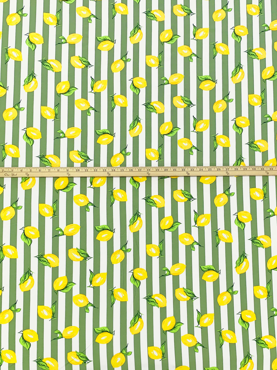 Bright Yellow/Moss Green/White/Multi 100% Rayon Lemons Over Vertical Stripe Print Challis - NY Designer - 54W