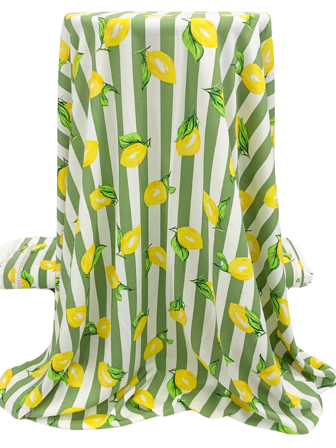 Bright Yellow/Moss Green/White/Multi 100% Rayon Lemons Over Vertical Stripe Print Challis - NY Designer - 54W