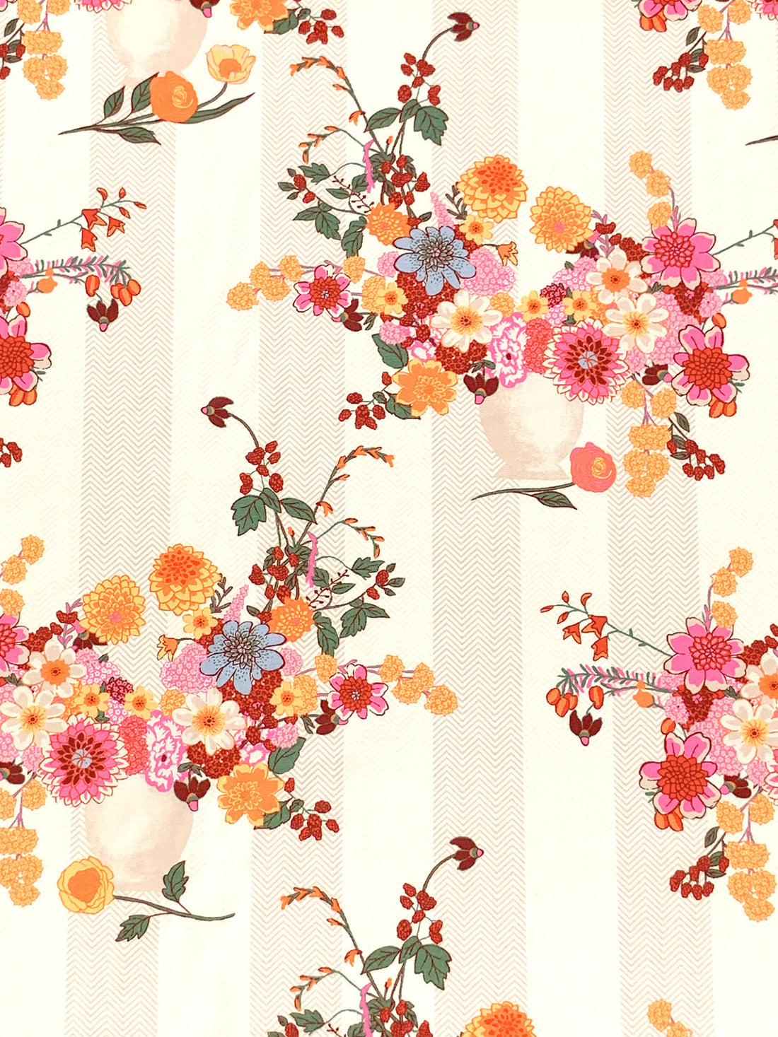 Tangerine/Hot Pink/Regal Red/Multi 100% Cotton Floral Over Vertical Chevron Stripe Print Lawn - NY Designer - 56W