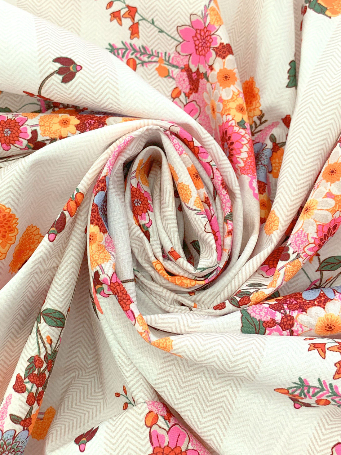 Tangerine/Hot Pink/Regal Red/Multi 100% Cotton Floral Over Vertical Chevron Stripe Print Lawn - NY Designer - 56W