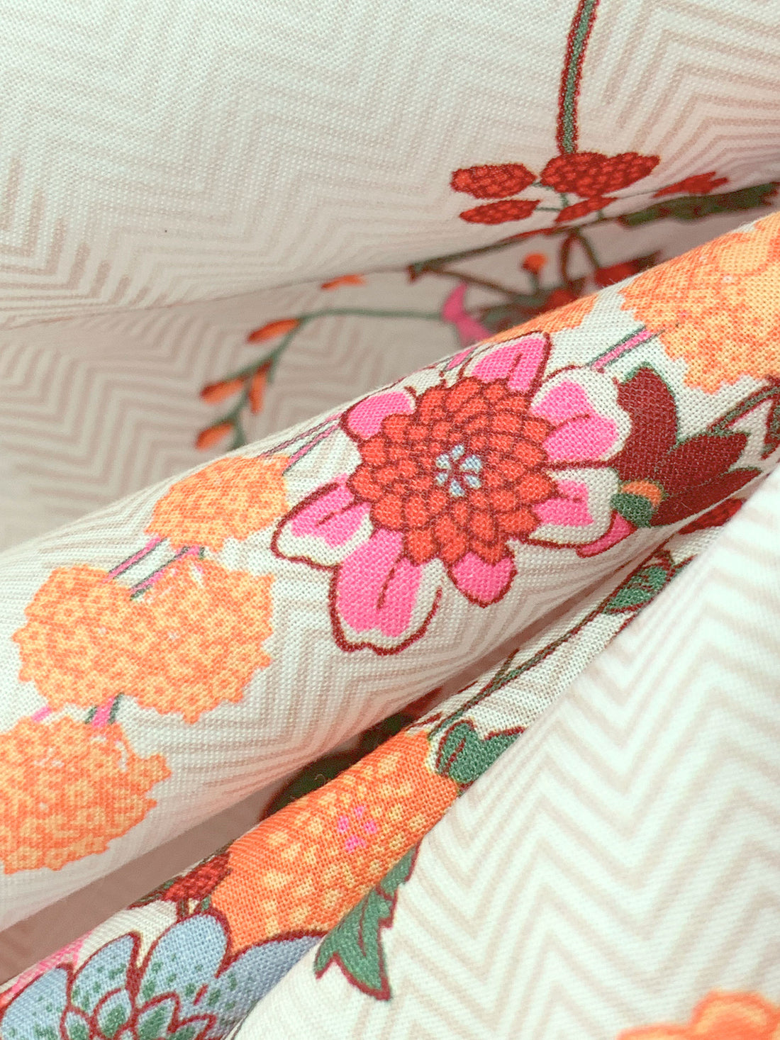 Tangerine/Hot Pink/Regal Red/Multi 100% Cotton Floral Over Vertical Chevron Stripe Print Lawn - NY Designer - 56W