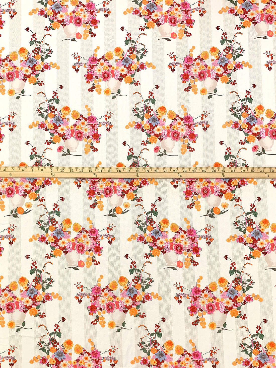 Tangerine/Hot Pink/Regal Red/Multi 100% Cotton Floral Over Vertical Chevron Stripe Print Lawn - NY Designer - 56W