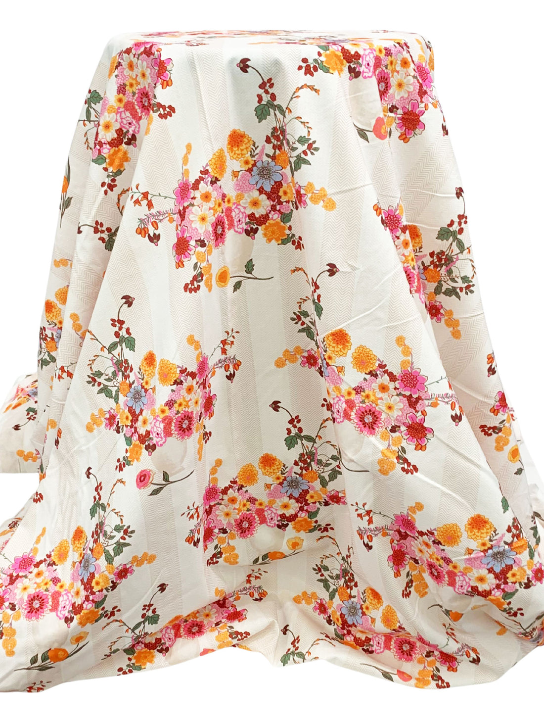 Tangerine/Hot Pink/Regal Red/Multi 100% Cotton Floral Over Vertical Chevron Stripe Print Lawn - NY Designer - 56W