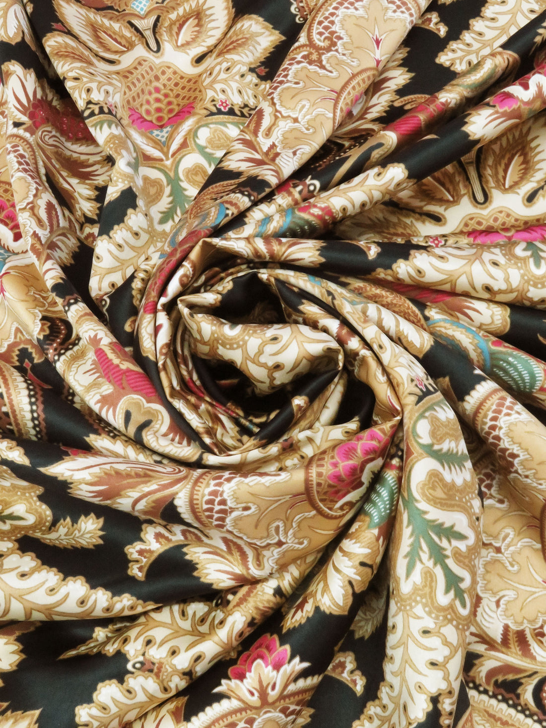 Parchment/Cauldron Black/Dark Sage/Multi Recycled Polyester/Polyester Ornate Damask Print Charmeuse - NY Designer - 56W