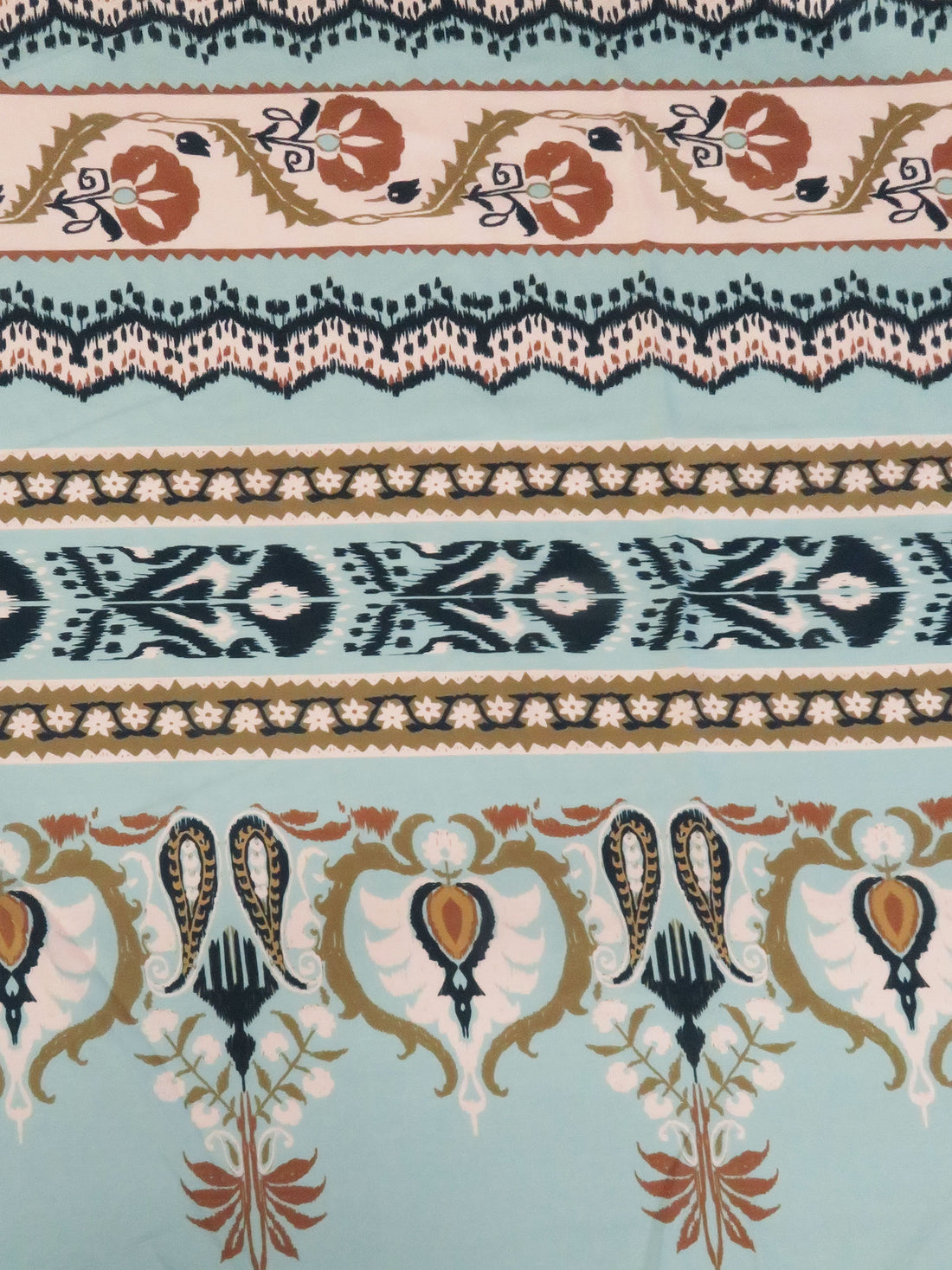 SOLD BY THE PANEL ONLY - Sea Glass Green/Pale Petal Pink/Willow Brown/Multi 100% Rayon Ornate Horizontal Multi Stripe Print Twill Challis - NY Designer - 56W
