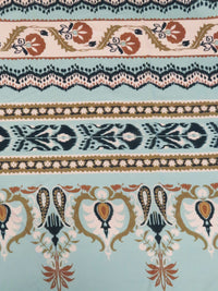 SOLD BY THE PANEL ONLY - Sea Glass Green/Pale Petal Pink/Willow Brown/Multi 100% Rayon Ornate Horizontal Multi Stripe Print Twill Challis - NY Designer - 56W