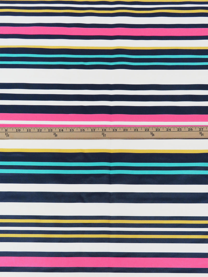 Stone/Navy/Highlighter Pink/Multi 100% Polyester Horizontal Stripe Print Mikado Twill - Famous Dress Designer - 56W