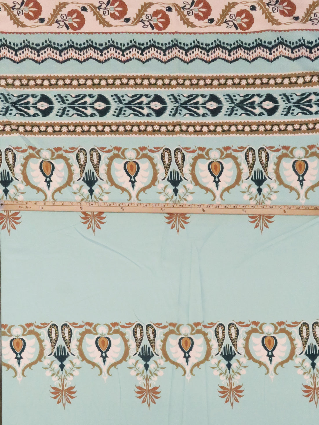 SOLD BY THE PANEL ONLY - Sea Glass Green/Pale Petal Pink/Willow Brown/Multi 100% Rayon Ornate Horizontal Multi Stripe Print Twill Challis - NY Designer - 56W