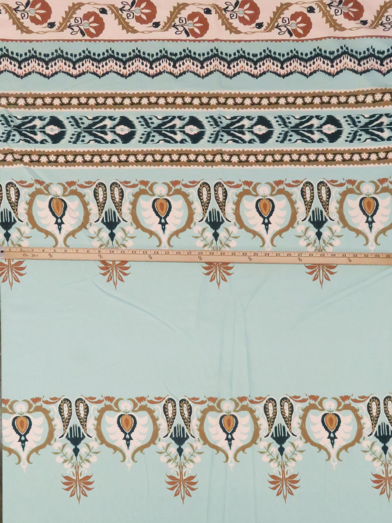 SOLD BY THE PANEL ONLY - Sea Glass Green/Pale Petal Pink/Willow Brown/Multi 100% Rayon Ornate Horizontal Multi Stripe Print Twill Challis - NY Designer - 56W
