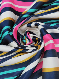 Stone/Navy/Highlighter Pink/Multi 100% Polyester Horizontal Stripe Print Mikado Twill - Famous Dress Designer - 56W