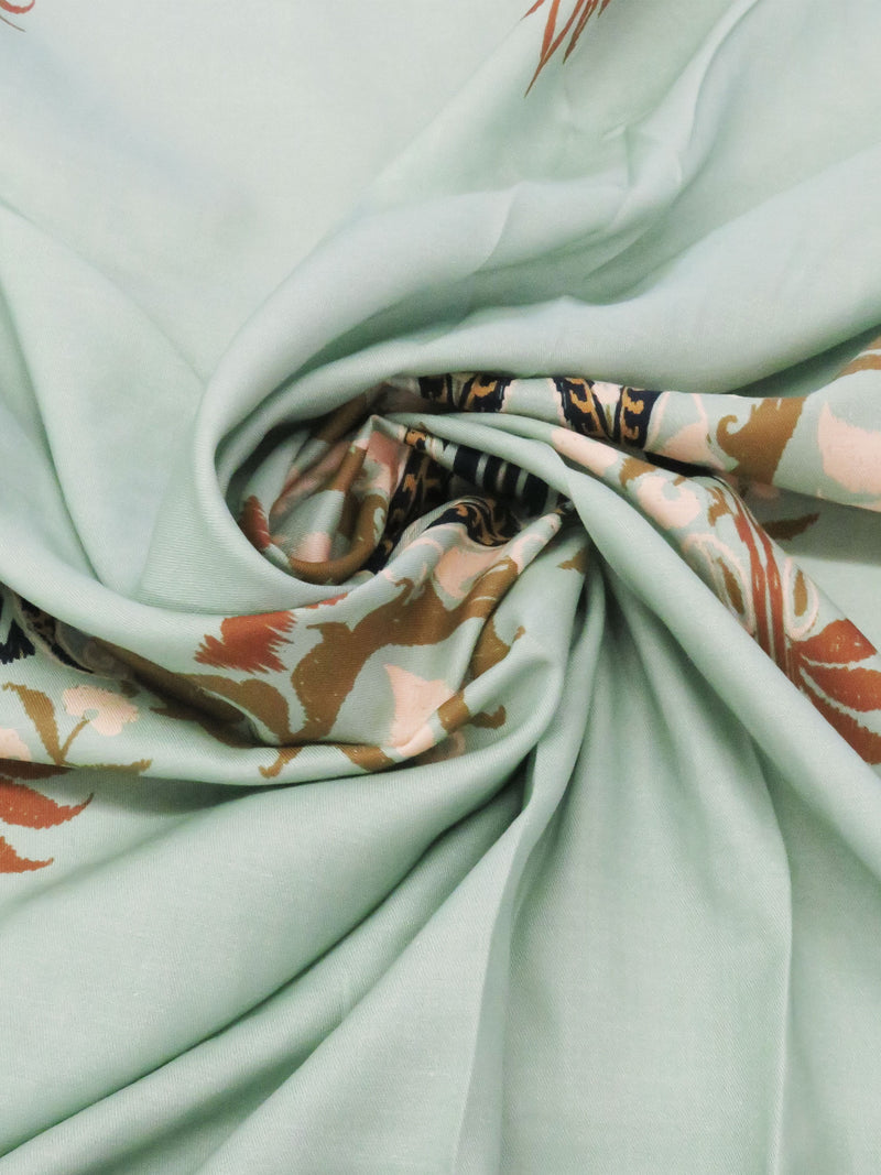 SOLD BY THE PANEL ONLY - Sea Glass Green/Pale Petal Pink/Willow Brown/Multi 100% Rayon Ornate Horizontal Multi Stripe Print Twill Challis - NY Designer - 56W