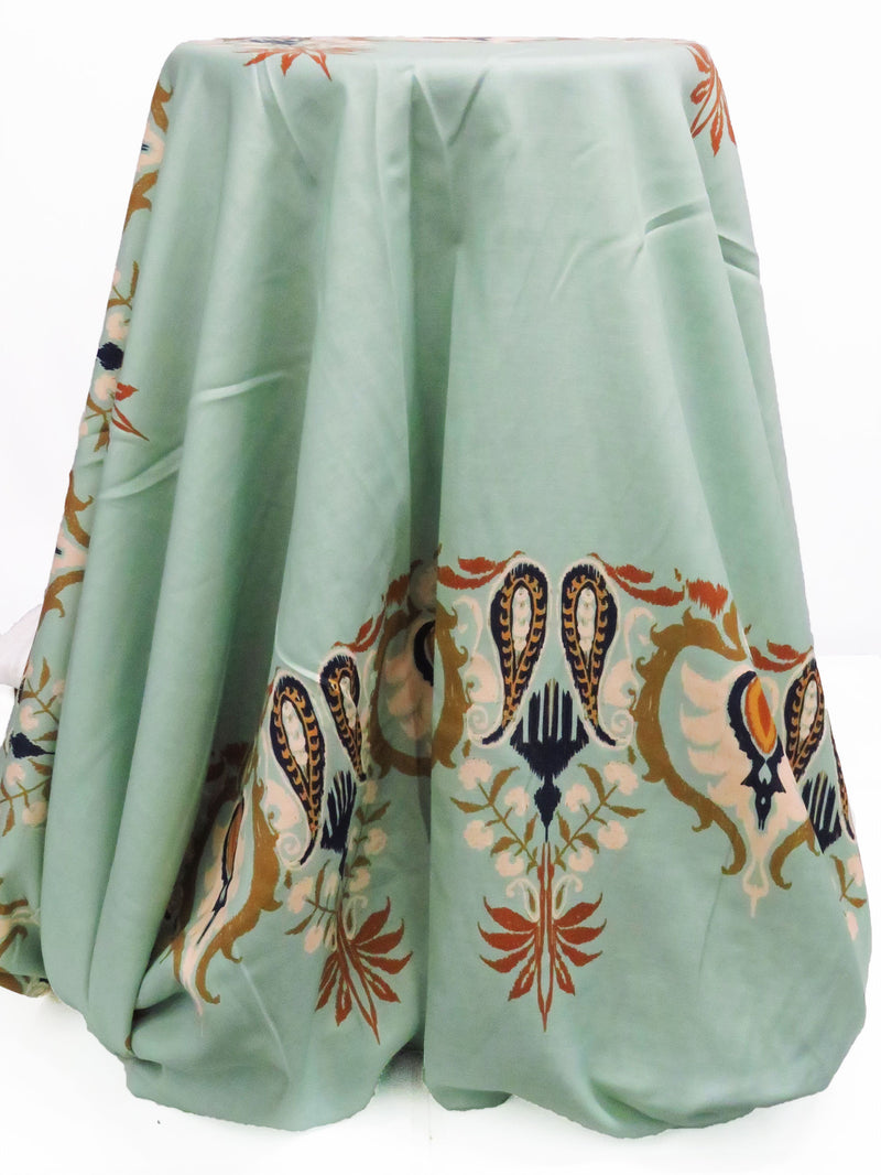 SOLD BY THE PANEL ONLY - Sea Glass Green/Pale Petal Pink/Willow Brown/Multi 100% Rayon Ornate Horizontal Multi Stripe Print Twill Challis - NY Designer - 56W