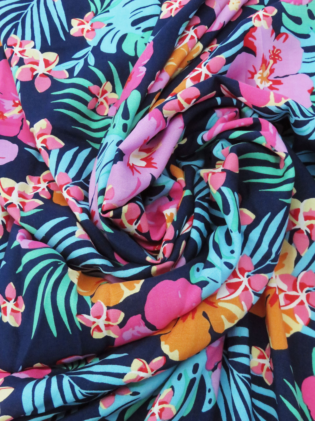 Navy/Orchid Pink/Fruit Punch/Multi 100% Rayon Tropical Floral Print Challis - NY Designer - 58W