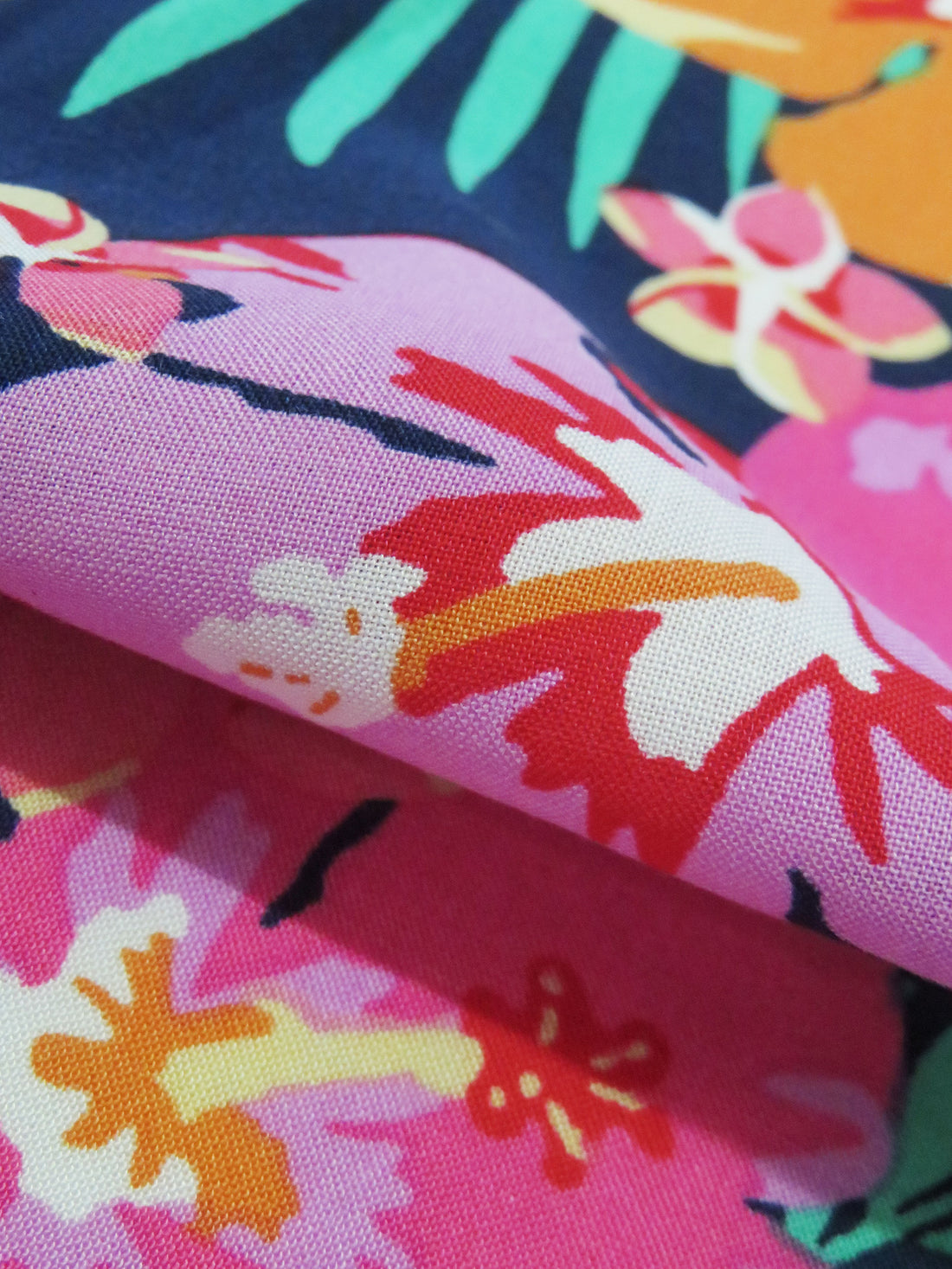 Navy/Orchid Pink/Fruit Punch/Multi 100% Rayon Tropical Floral Print Challis - NY Designer - 58W