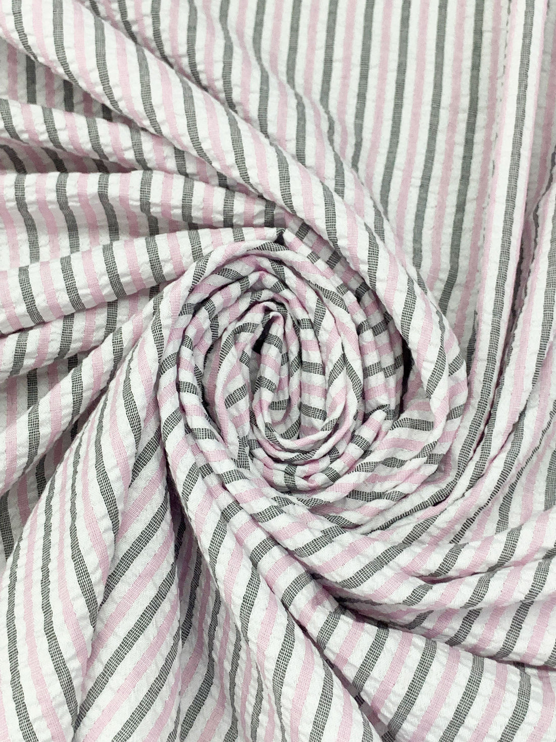 Orchid Pink/Black/White 100% Polyester Vertical Stripe Weave Seersucker Shirt Weight Woven 56W
