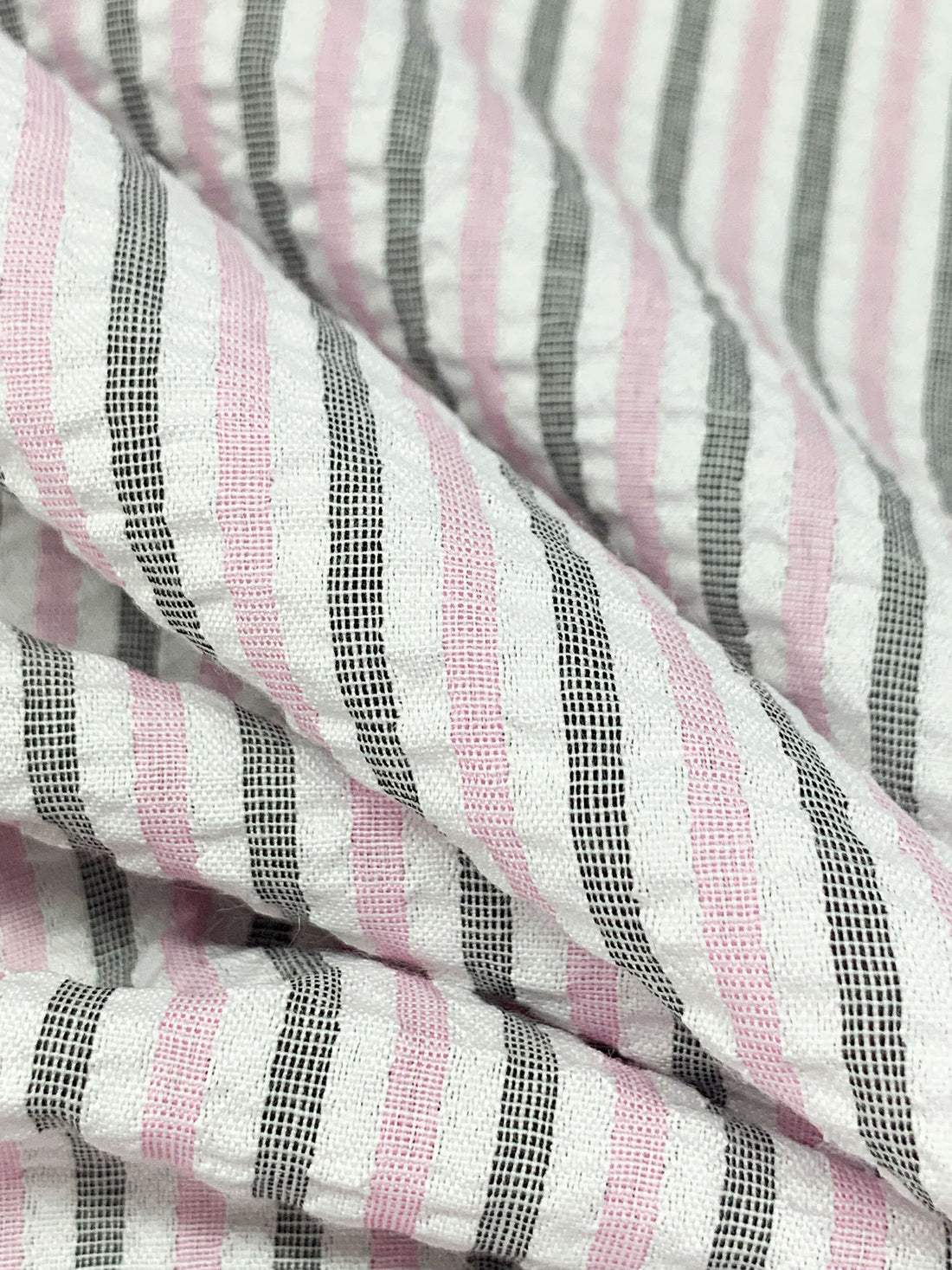 Orchid Pink/Black/White 100% Polyester Vertical Stripe Weave Seersucker Shirt Weight Woven 56W