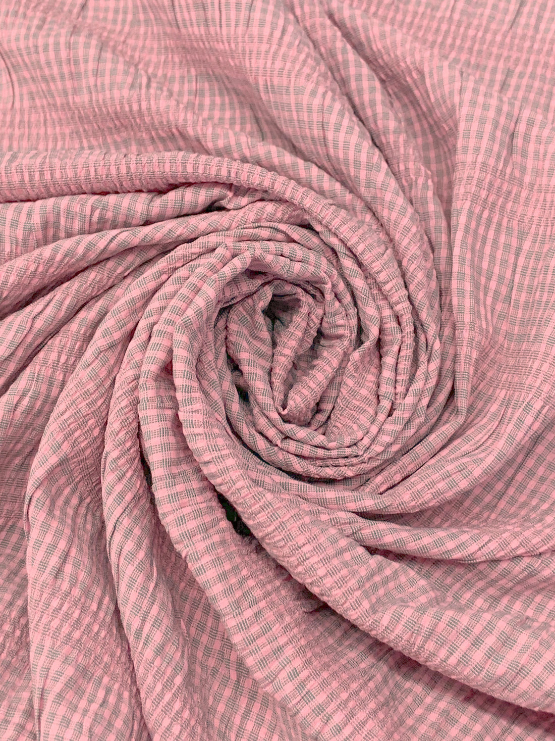 Baby Pink/Soft Slate Teal Polyester/Rayon/Lycra Horizontal Gingham Stripe Weave Seersucker 61W