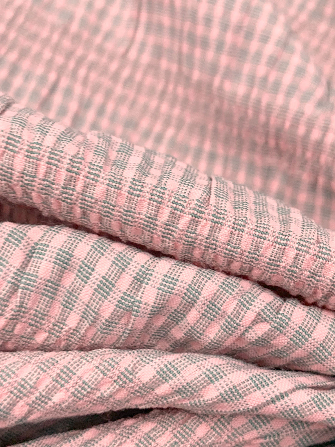 Baby Pink/Soft Slate Teal Polyester/Rayon/Lycra Horizontal Gingham Stripe Weave Seersucker 61W