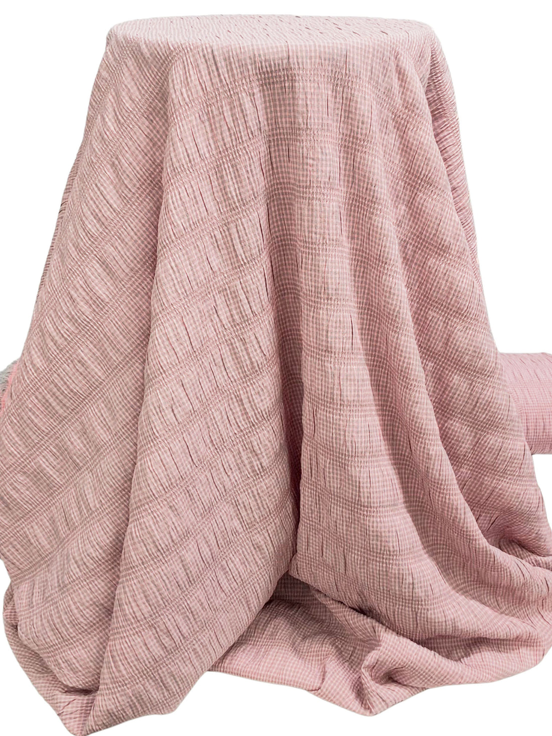 Baby Pink/Soft Slate Teal Polyester/Rayon/Lycra Horizontal Gingham Stripe Weave Seersucker 61W