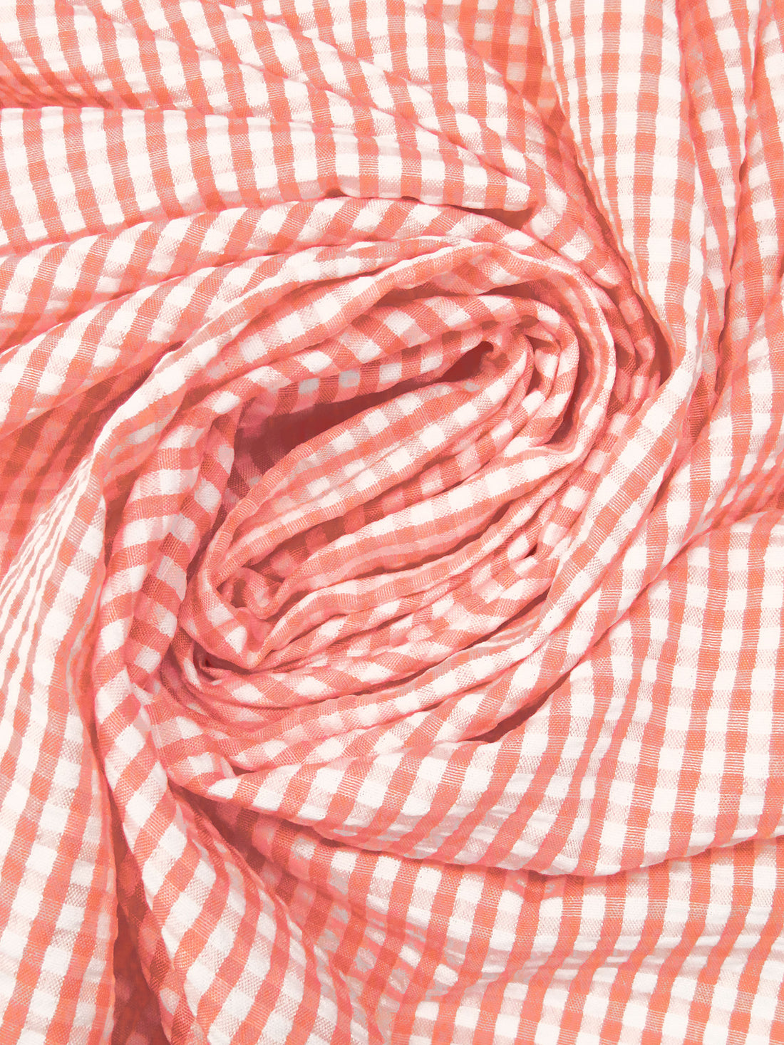 Peachy Pink/White 100% Polyester Gingham Weave Seersucker Shirt Weight Woven 57W