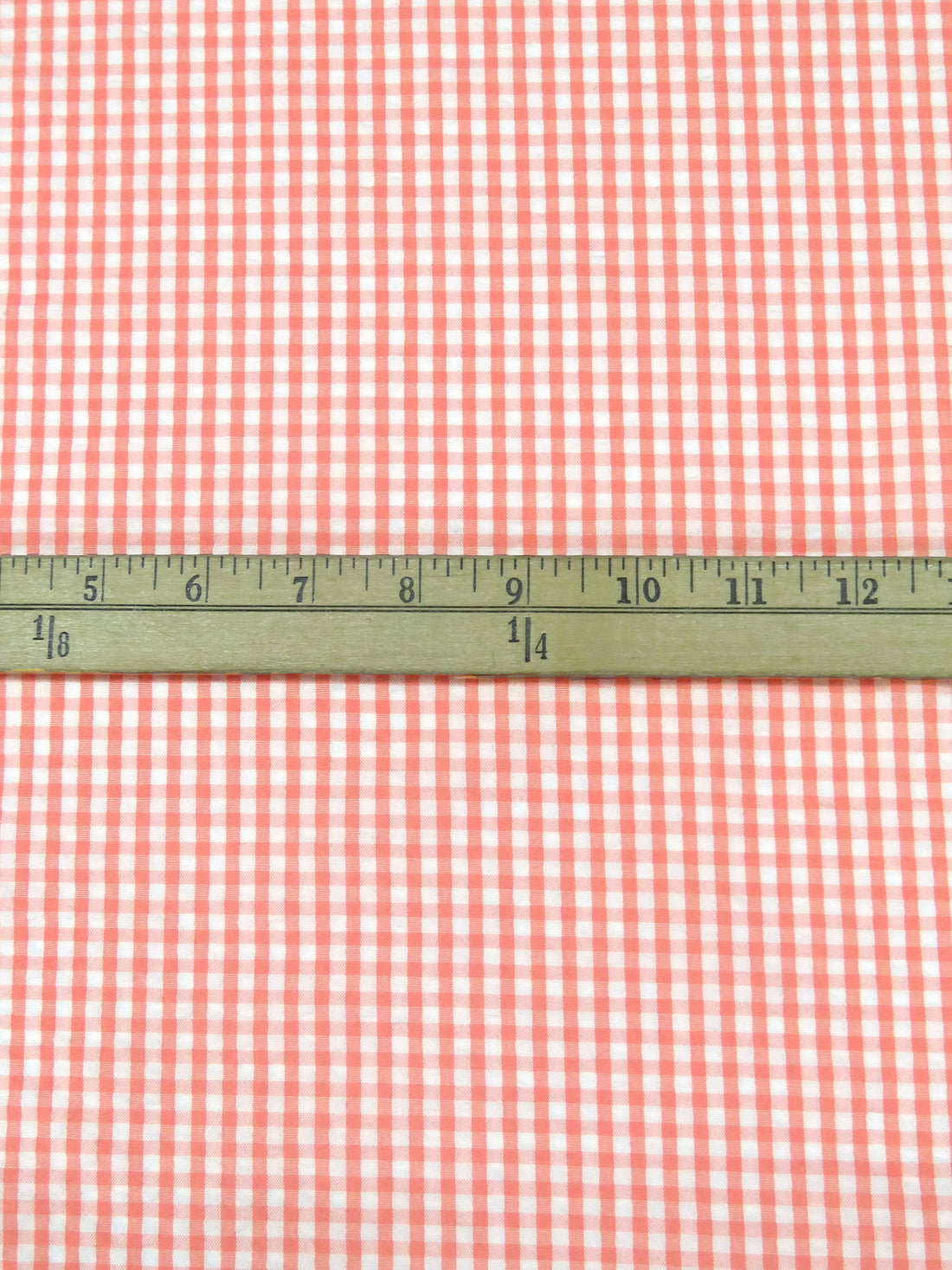 Peachy Pink/White 100% Polyester Gingham Weave Seersucker Shirt Weight Woven 57W