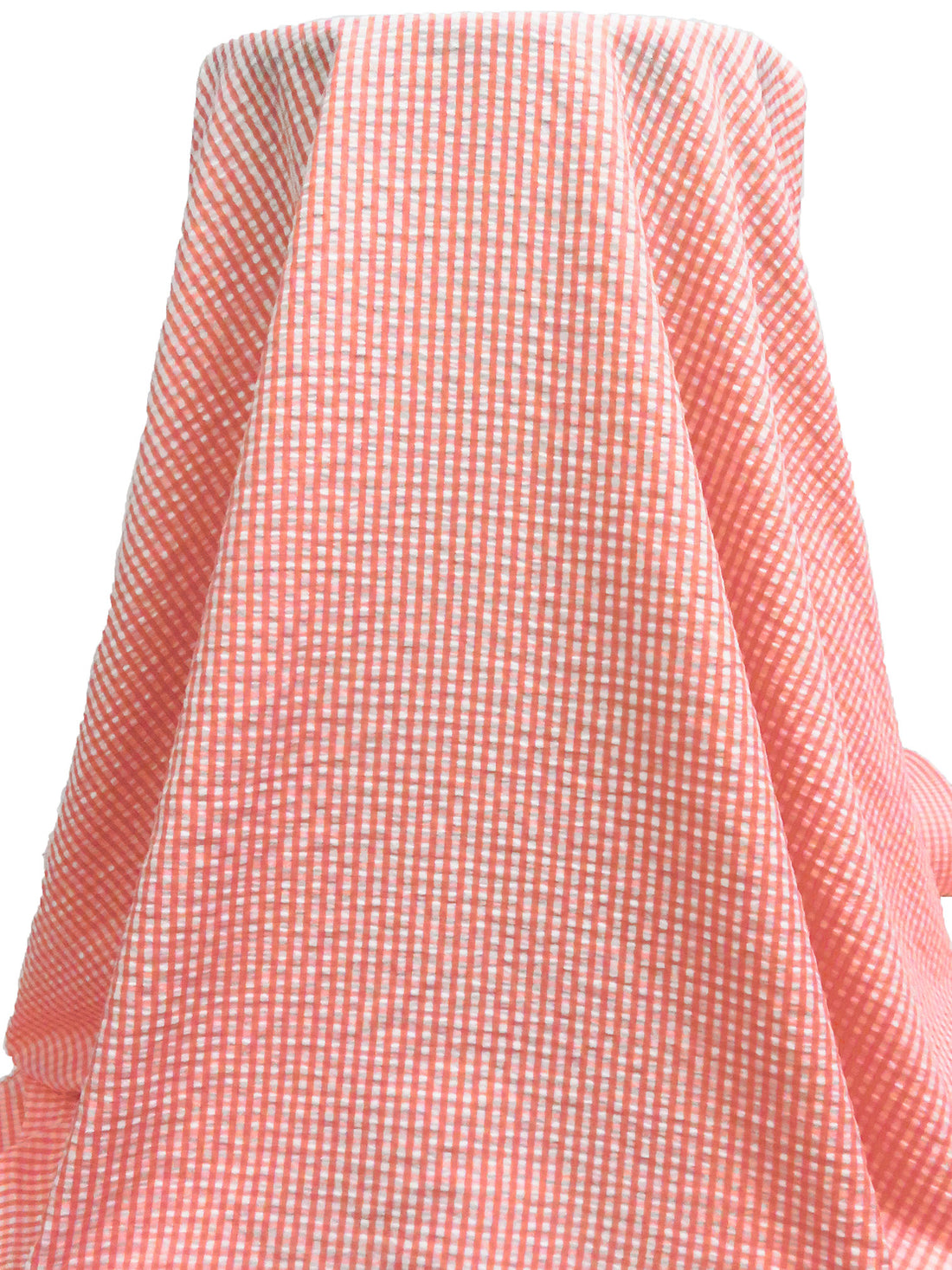 Peachy Pink/White 100% Polyester Gingham Weave Seersucker Shirt Weight Woven 57W