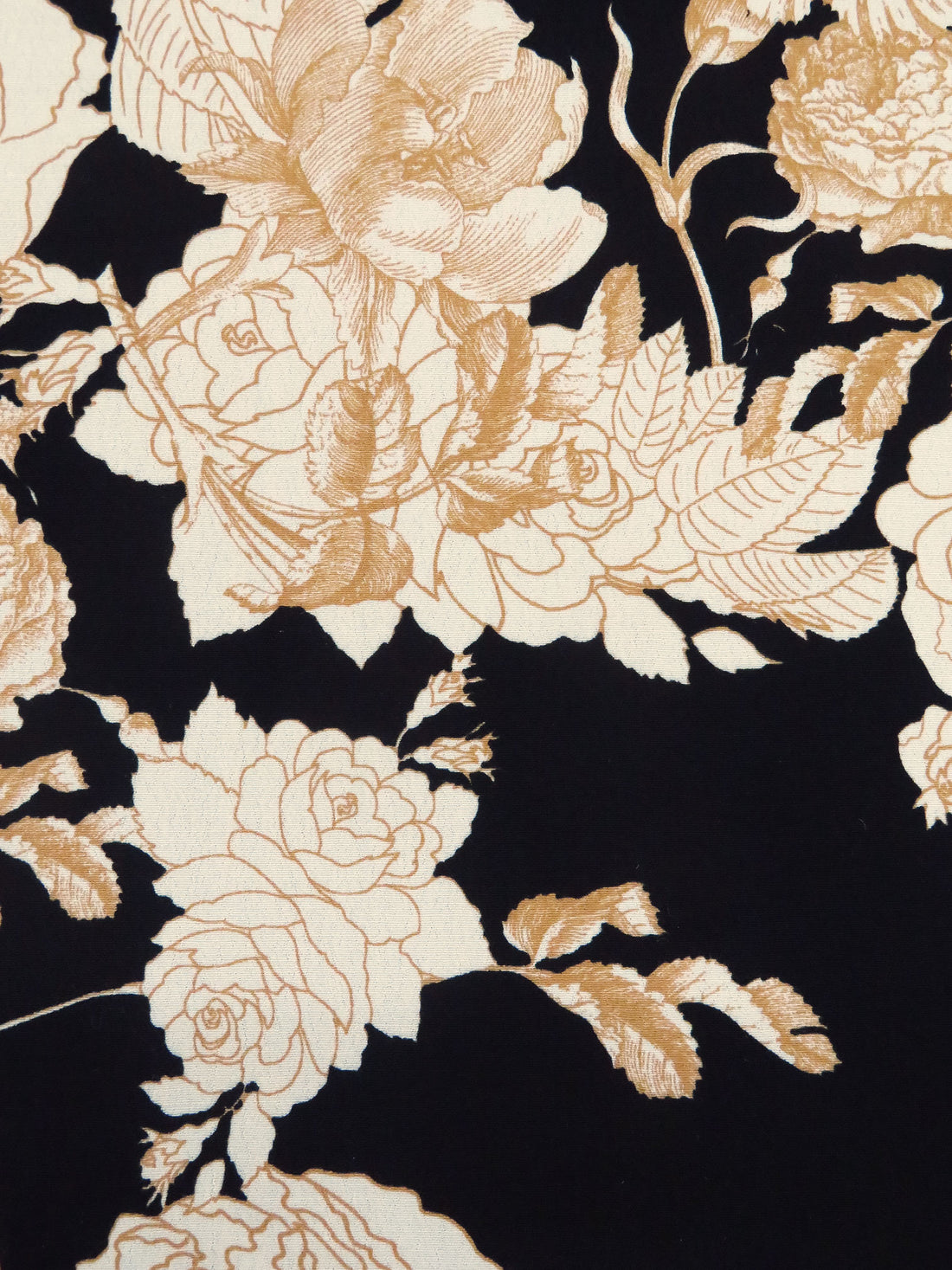 Camel/Off-White/Black 100% Rayon Drawn Floral Print Crepe Challis - NY Designer - 56W