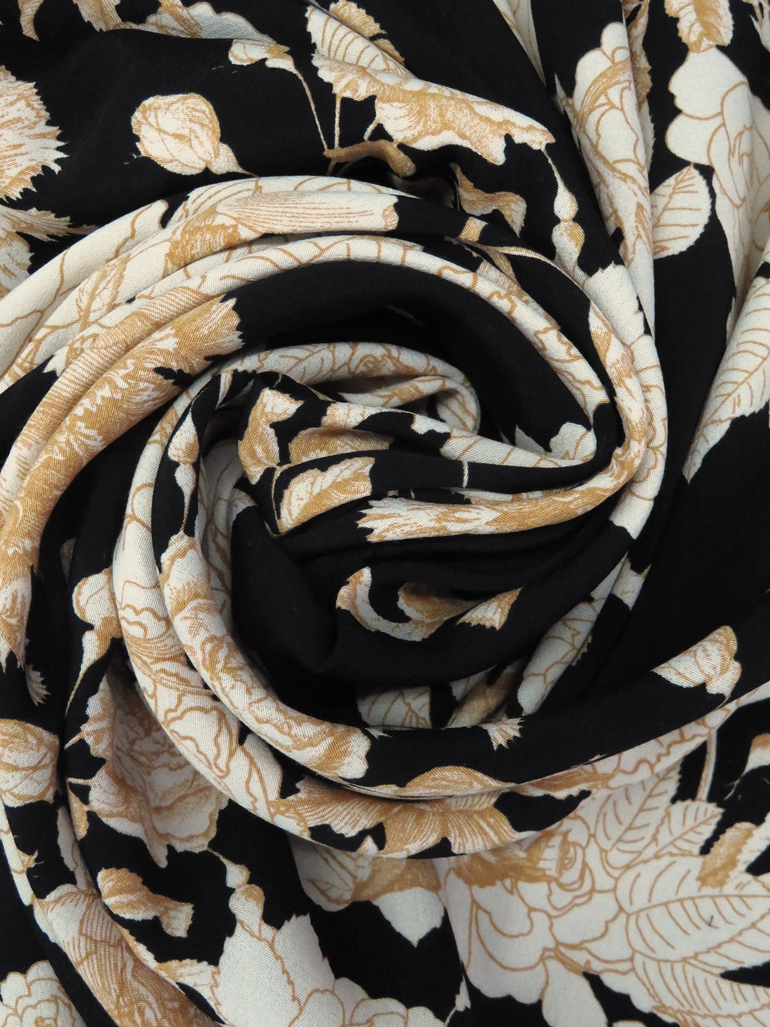 Camel/Off-White/Black 100% Rayon Drawn Floral Print Crepe Challis - NY Designer - 56W