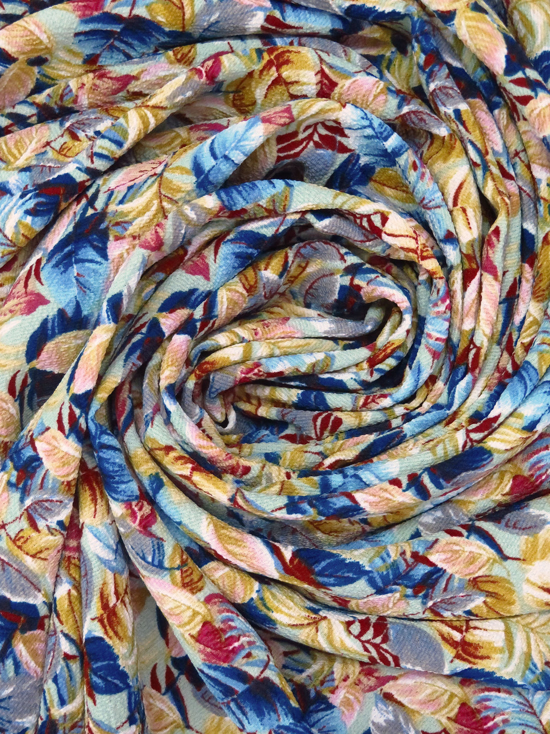 Flax/Burgundy/Slate Gray/Multi 100% Polyester Leaf Print Bubble Crepe 58W