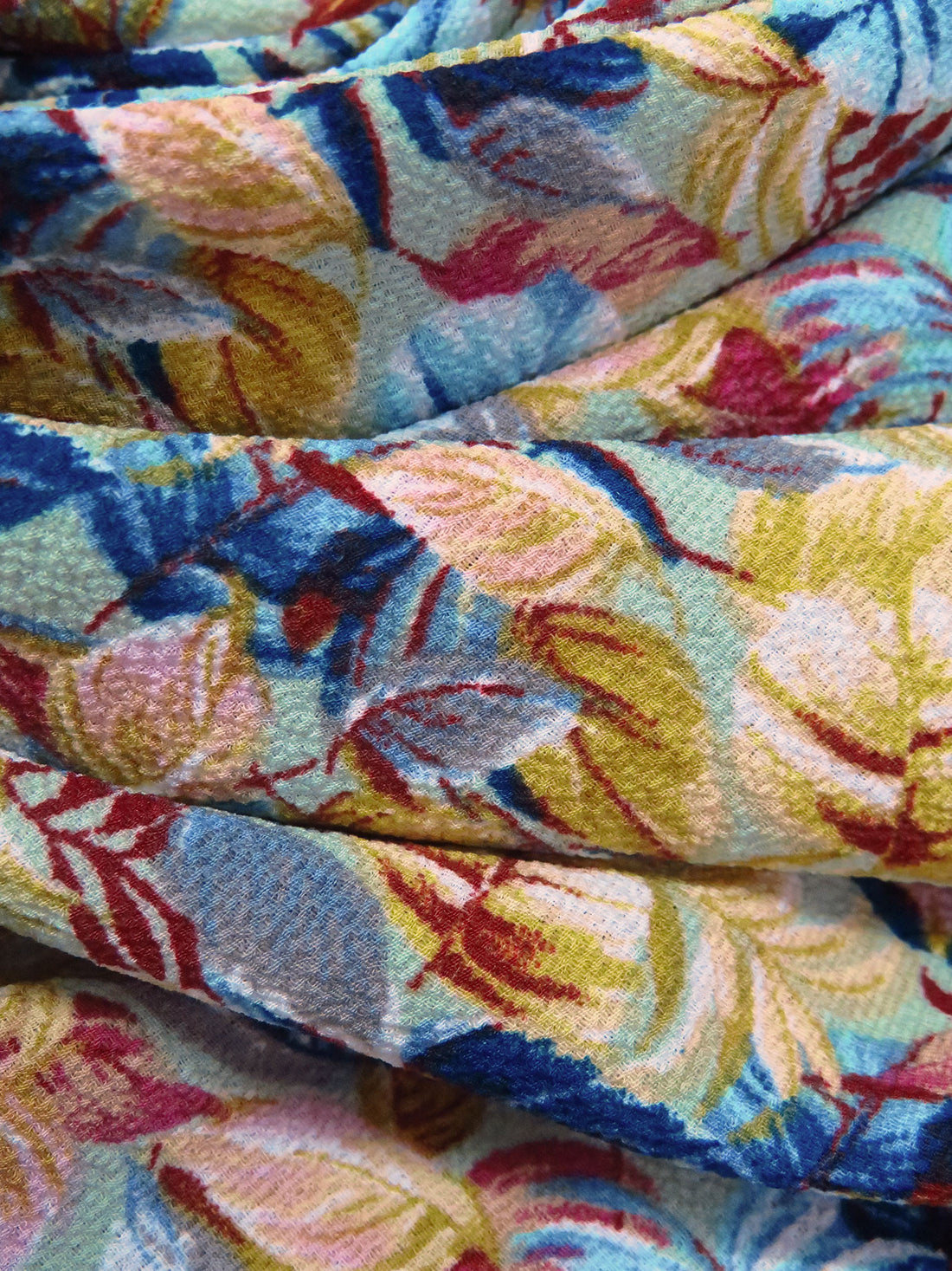 Flax/Burgundy/Slate Gray/Multi 100% Polyester Leaf Print Bubble Crepe 58W