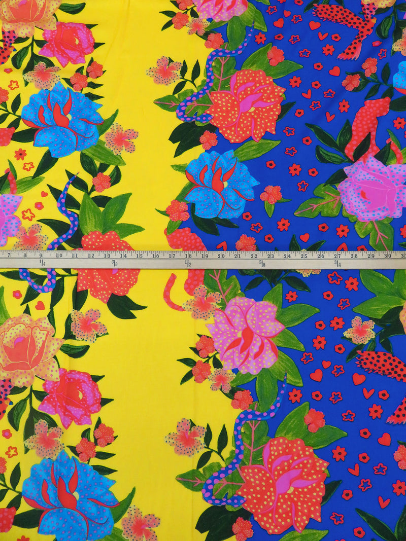 Yellow/Egyptian Blue/Cinnabar/Multi 100% Rayon Abstract Tropical Print Challis - NY Designer - 50W