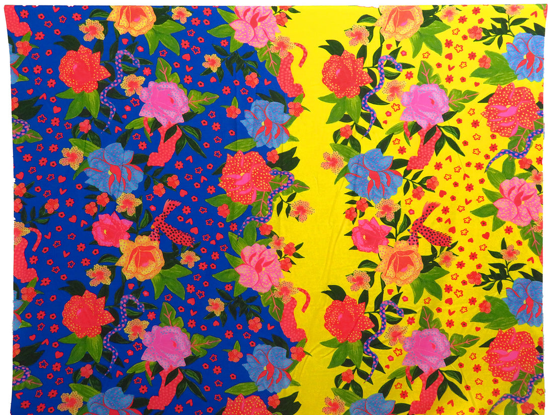 Yellow/Egyptian Blue/Cinnabar/Multi 100% Rayon Abstract Tropical Print Challis - NY Designer - 50W