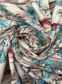 Eggshell/Turquoise/Burgundy/Multi 100% Cotton Beach Scene Print Lawn - NY Designer - 56W