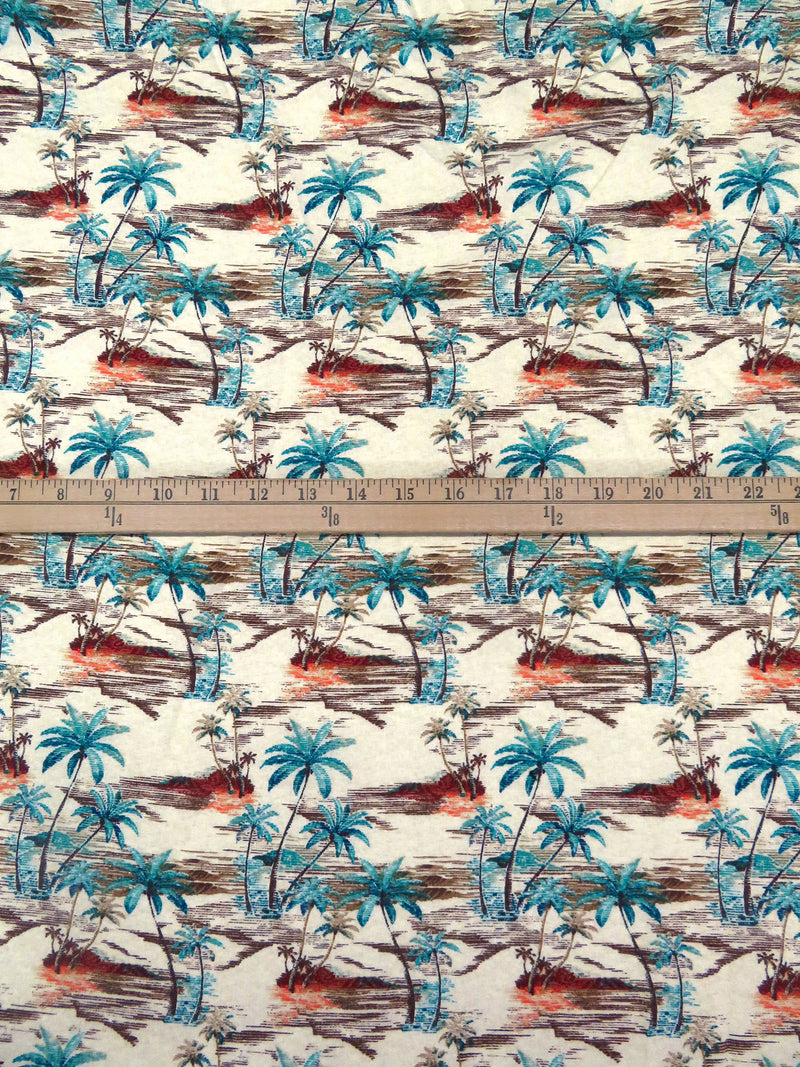 Eggshell/Turquoise/Burgundy/Multi 100% Cotton Beach Scene Print Lawn - NY Designer - 56W