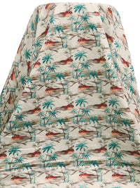 Eggshell/Turquoise/Burgundy/Multi 100% Cotton Beach Scene Print Lawn - NY Designer - 56W