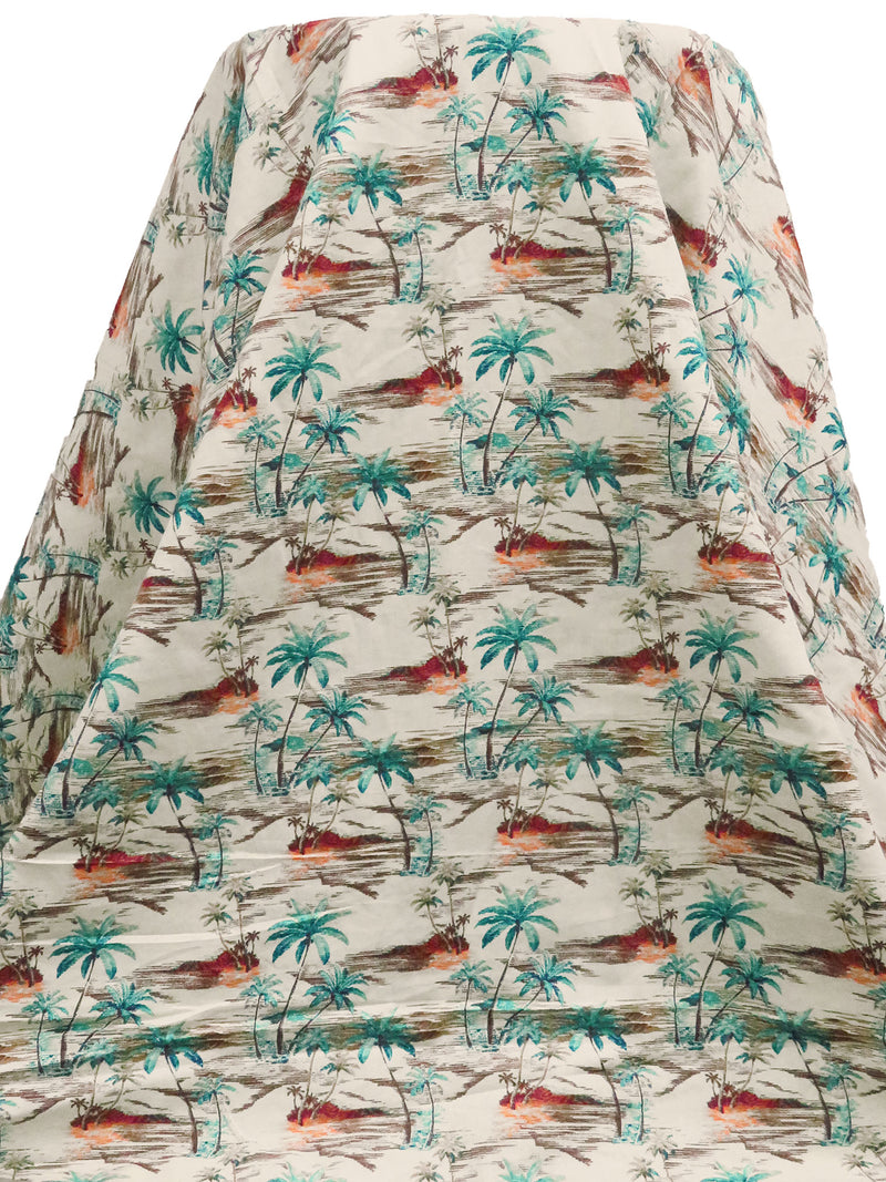 Eggshell/Turquoise/Burgundy/Multi 100% Cotton Beach Scene Print Lawn - NY Designer - 56W