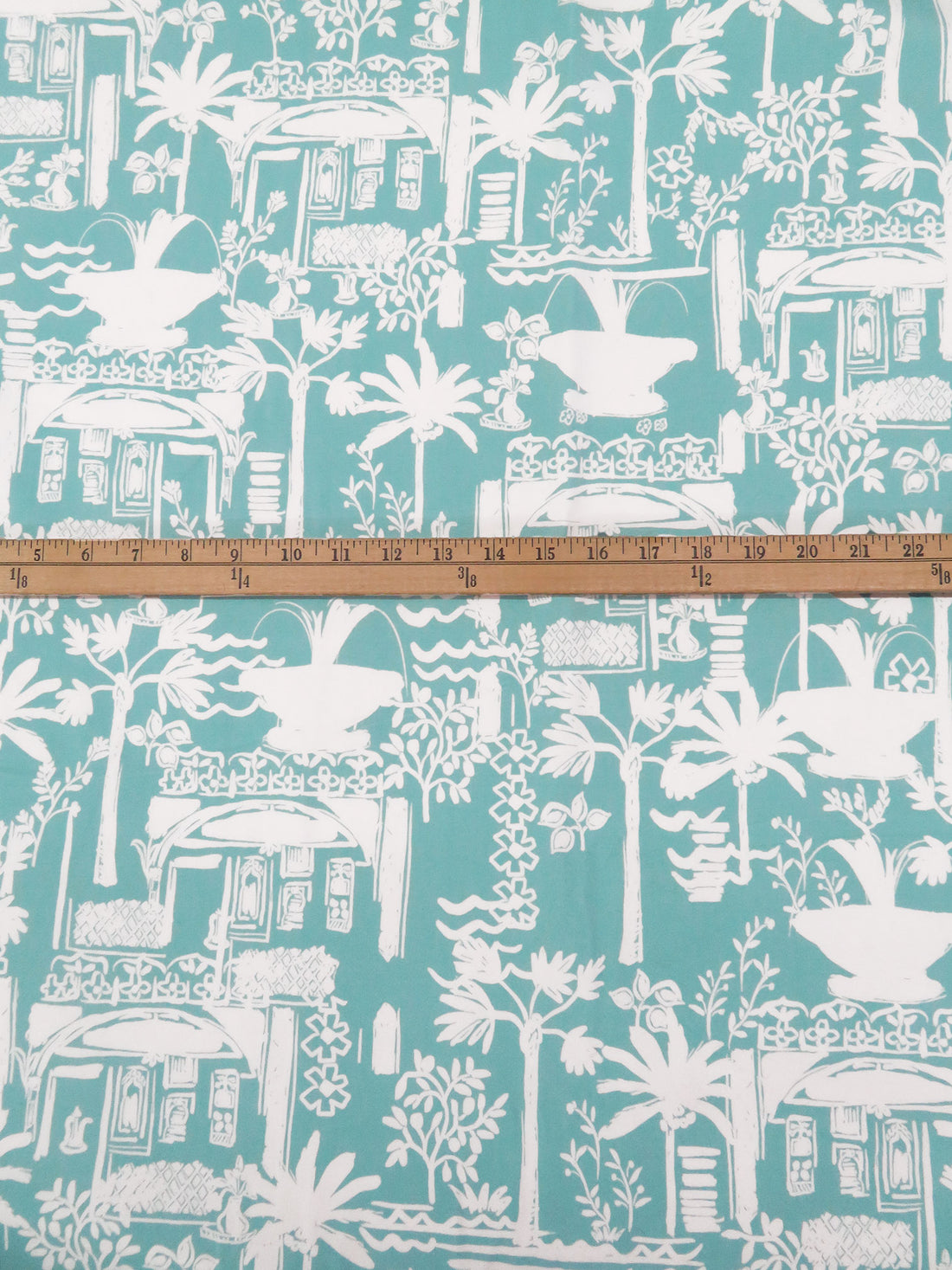Light Dusty Teal/White Rayon/Nylon/Lycra Moroccan Holiday Print Stretch Twill Bottom Weight Woven - NY Designer - 54W