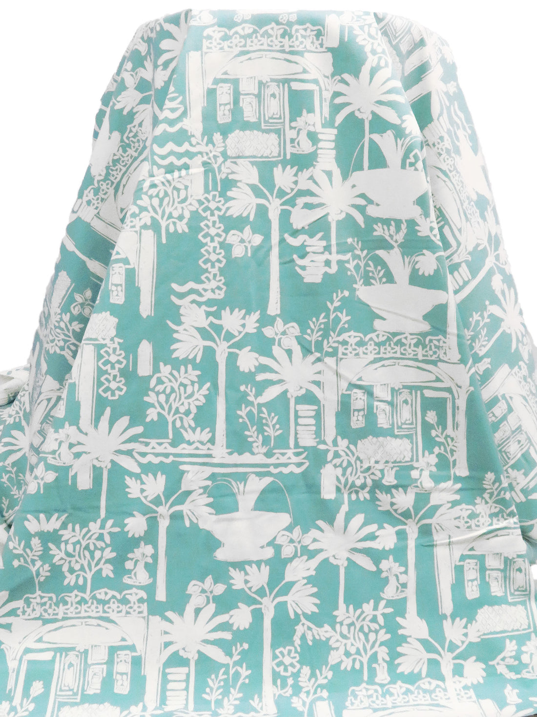 Light Dusty Teal/White Rayon/Nylon/Lycra Moroccan Holiday Print Stretch Twill Bottom Weight Woven - NY Designer - 54W
