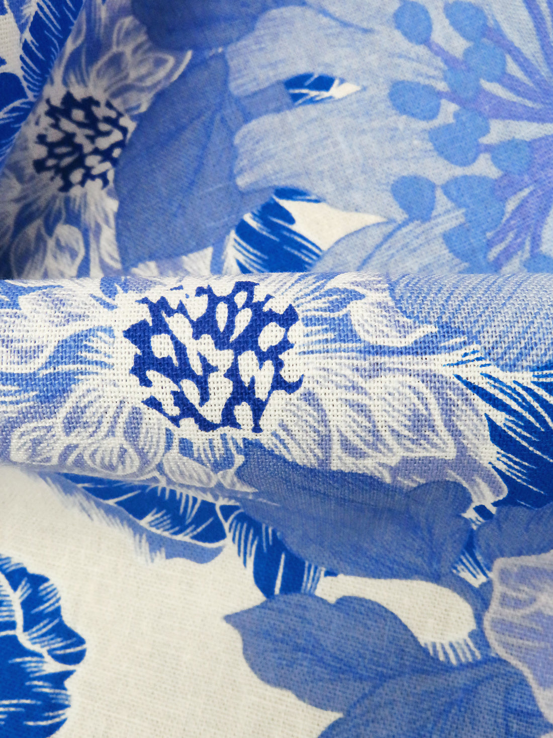 Cornflower/Dark Blue/Off-White/Multi Linen/Rayon Large Mirrored Floral Print Shirt Weight Woven 53W