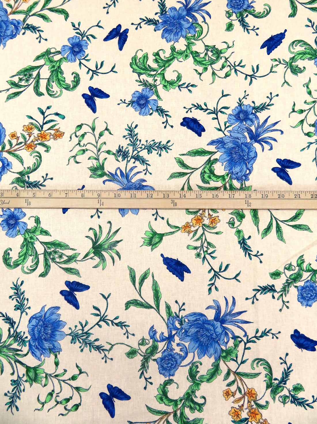 Cornflower/Pastel Green/Beige/Multi Linen/Rayon Flowers & Butterflies Print Shirt Weight Woven 53W