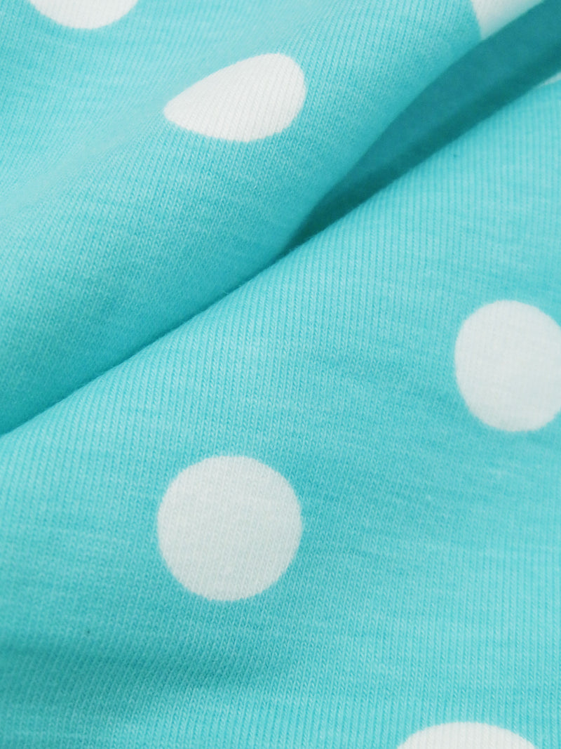 Aqua/White Cotton/Lycra Polka Dot Print Jersey Knit 58W