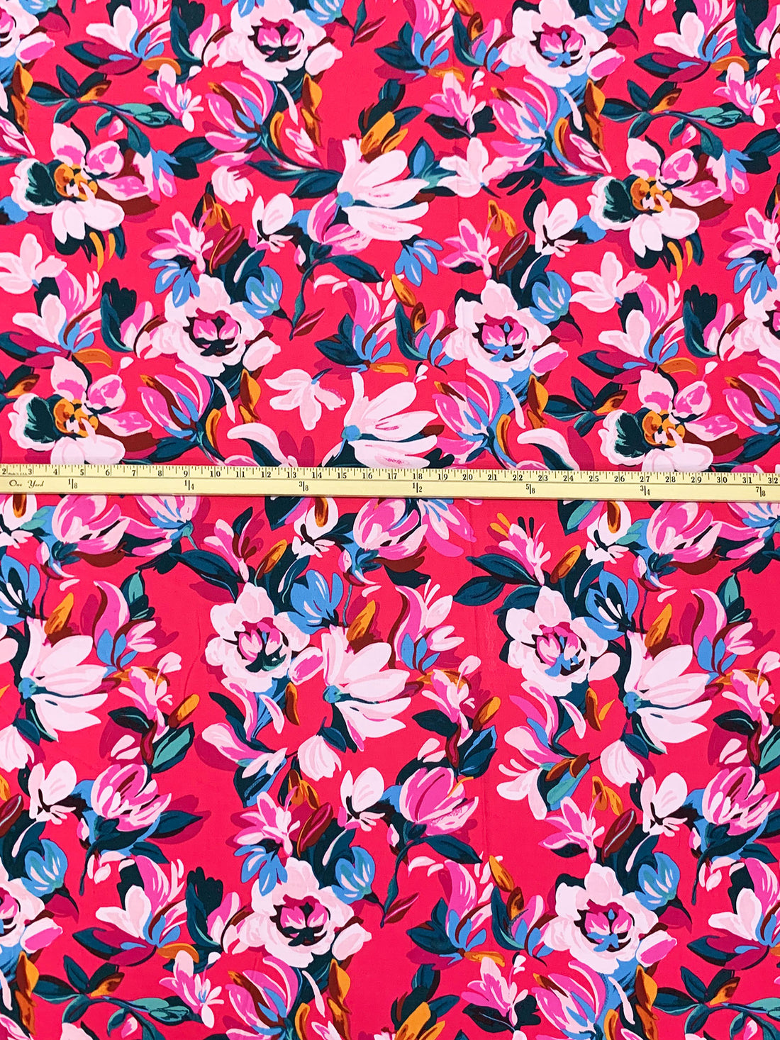 SOLD AS IS ONLY - Fiery Rose/Light Cobalt Blue/Multi 100% Rayon Floral Print Crepe Challis 55W