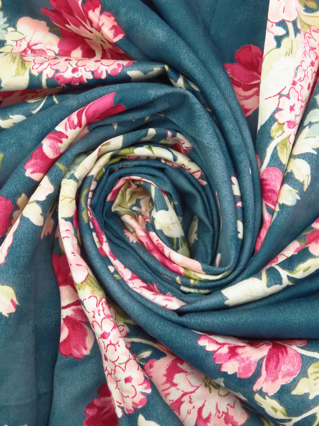 Dark Teal Blue/Cerise/Sage/Multi Cotton/Rayon Floral Bunch Print Sateen Shirting - NY Designer - 54W
