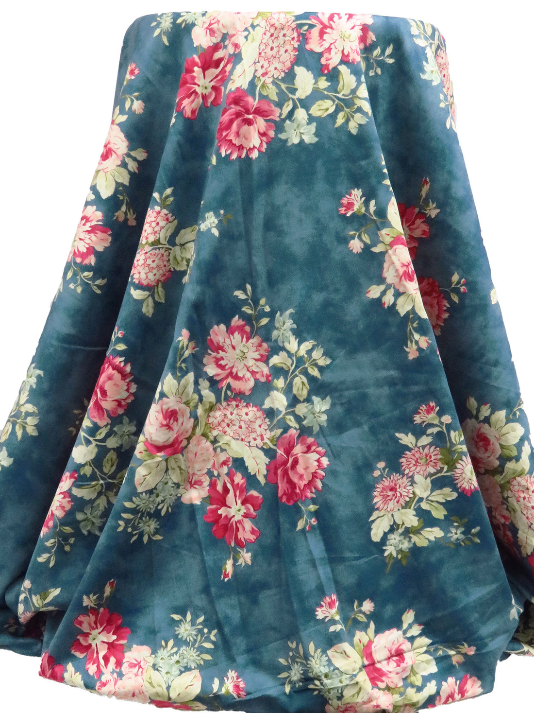Dark Teal Blue/Cerise/Sage/Multi Cotton/Rayon Floral Bunch Print Sateen Shirting - NY Designer - 54W