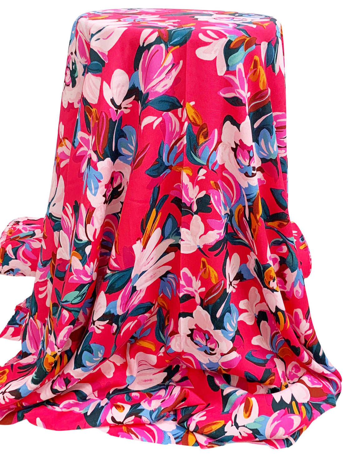 SOLD AS IS ONLY - Fiery Rose/Light Cobalt Blue/Multi 100% Rayon Floral Print Crepe Challis 55W