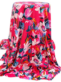 SOLD AS IS ONLY - Fiery Rose/Light Cobalt Blue/Multi 100% Rayon Floral Print Crepe Challis 55W