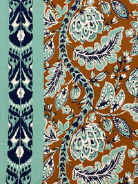 Dark Bronze/Spearmint/Navy Blue/Off-White Rayon/Nylon/Lycra Double Border Stylized Floral Print Stretch Twill Bottom Weight Woven - NY Designer - 54W